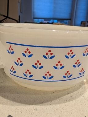 Vintage Pyrex Milk Glass Small Casserole with Blue and Red Floral Pattern